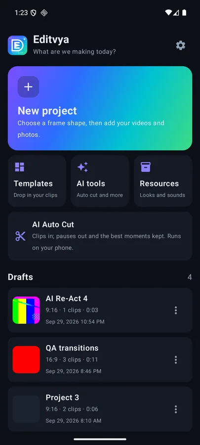 Editvya home screen